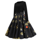 Long Sleeve Round Neck Christmas Printed Retro Dress