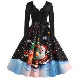 Christmas Printed Fashion V Neck Long Sleeve Retro Dress