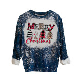 Christmas Print Loose Long Sleeve Tops Blue