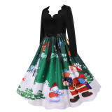 V Neck Long Sleeve Christmas Printed Swing Dress