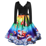 Christmas Printed Dresses V Neck Swing Dress