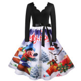 V Neck Long Sleeve Christmas Printed Swing Dress