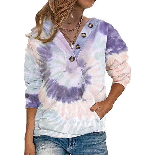 Tie-dye Printed Button Long Sleeve Sweatshirt Tops