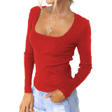 Solid Knit Square Neck Long Sleeve Slim Fit Top T-Shirt