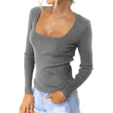 Solid Knit Square Neck Long Sleeve Slim Fit Top T-Shirt