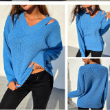 Women V Neck Pure Color Knitted Sweater