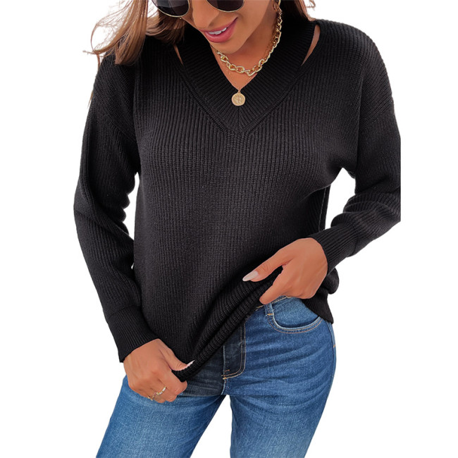 Women V Neck Pure Color Knitted Sweater