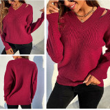 Women V Neck Pure Color Knitted Sweater