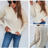 Women V Neck Pure Color Knitted Sweater