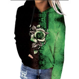 Women Plus Size Rose Print Loose Hooded Sweater