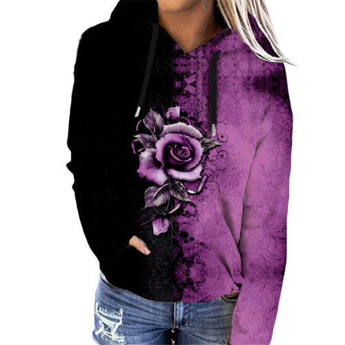 Women Plus Size Rose Print Loose Hooded Sweater