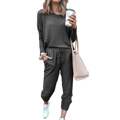 Loose Solid Color Long Sleeve Casual Two Pieces Pants Sets