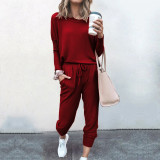 Loose Solid Color Long Sleeve Casual Two Pieces Pants Sets