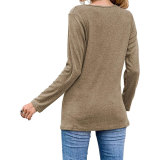 Women Irregular Hem Button Long Sleeve Round Neck T-shirt