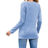 Women Irregular Hem Button Long Sleeve Round Neck T-shirt