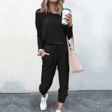 Loose Solid Color Long Sleeve Casual Two Pieces Pants Sets