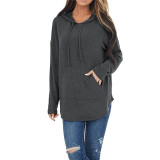 Solid Color Pocket Long Sleeve Hooded