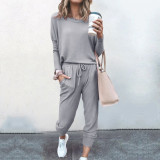 Loose Solid Color Long Sleeve Casual Two Pieces Pants Sets