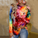 Tie Dye Printed Long Sleeve off-shoulder Sexy Casual Loose T-shirt