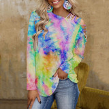 Tie Dye Printed Long Sleeve off-shoulder Sexy Casual Loose T-shirt
