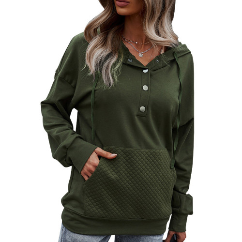 Solid Color Pocket Long Sleeve Button Hooded Tops