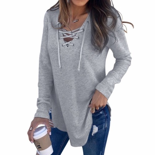 V-neck Strappy Loose Top Long Sleeve T-shirt