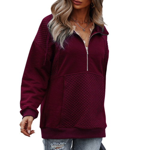 Women Solid Color Stand Collar Zipper Sweatshirts