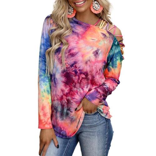 Tie Dye Printed Long Sleeve off-shoulder Sexy Casual Loose T-shirt