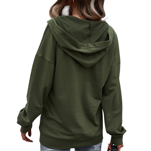 Solid Color Pocket Long Sleeve Button Hooded Tops