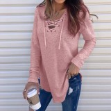 V-neck Strappy Loose Top Long Sleeve T-shirt