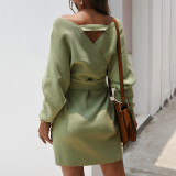 Solid Color V Neck Long Sleeve Sweater Dresses