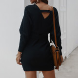 Solid Color V Neck Long Sleeve Sweater Dresses