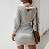 Solid Color V Neck Long Sleeve Sweater Dresses