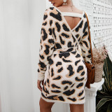 Leopard Print V Neck Long Sleeve Sweater Dresses