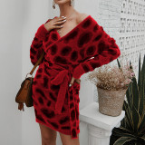 Leopard Print V Neck Long Sleeve Sweater Dresses