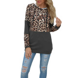 Leopard Stitched Long Sleeve Hooded Tops