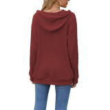 Solid Color Waffle Pocket Long Sleeve Hooded Tops