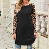 Leopard Print Crew Neck Long Sleeve Dress T-Shirt Top