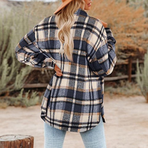 Long Sleeve Lapel Loose Plaid Thick Shirt Coat