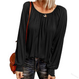 Solid Round Neck Casual Pleated Long Sleeve Top