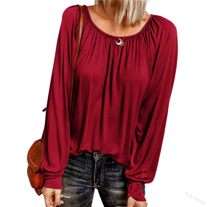 Solid Round Neck Casual Pleated Long Sleeve Top - US$ 6.46 - www ...