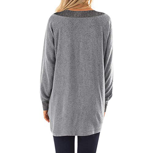 V Neck Contrast Pocket Sweater Long Sleeve Pullover T Shirt