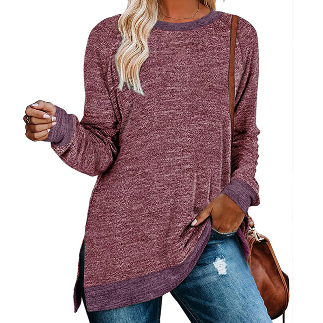 Crew Neck Color Contrast ​Split Loose Casual Pullover T Shirt