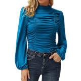 Solid Color Long Lantern Sleeves Pleated Slim T-shirt
