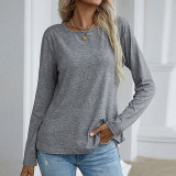 Round Neck Lace Back Long Sleeve Casual Pullover Tshirts