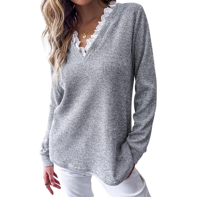 V Neck Long Sleeve Casual Pullover Tshirts