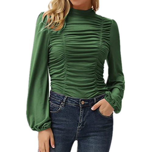 Solid Color Long Lantern Sleeves Pleated Slim T-shirt