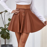 Brown Front Button Large Swing Skirt