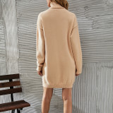 High Neck Knitted Solid Color Long Sleeve Sweater Dress