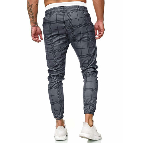 Men's Plaid Pocket Drawstring Middle Waist Pants